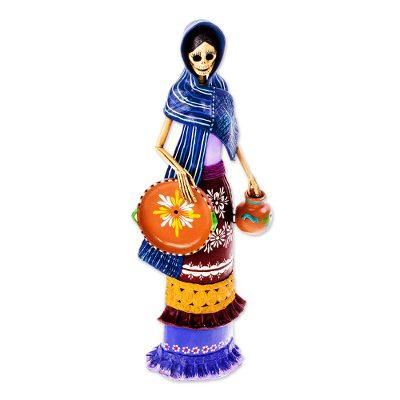 La Catrina Tomasa,'Ceramic Catrina Sculpture with Blue Mantle from Mexico'