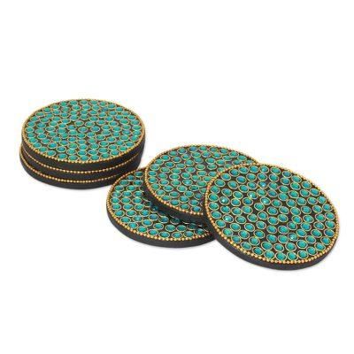 Bejeweled coasters, 'Aqua Glitz' (set of 6)