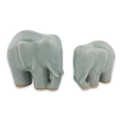 Celadon ceramic figurines, 'Elephant Bond in Light Blue' (pair)
