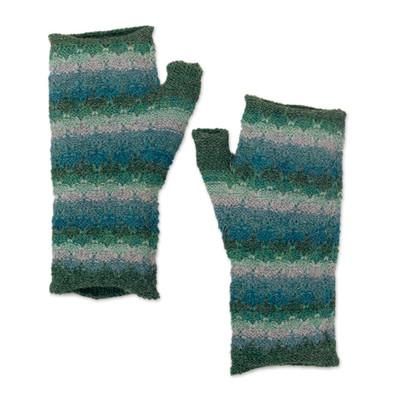 Millpu Waters,'Knit Turquoise Blue Green 100% Baby Alpaca Fingerless Mitts'
