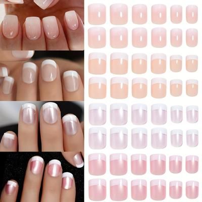 TEMU 96pcs() Short Square Press-on Nails Acrylic Short False Nails Full Cover White French Design Glitter False Nails As Gift For Women And S With Storage Box |bride Nails |wedding Nails