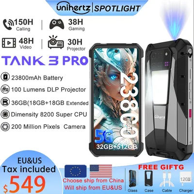 Unihertz Tank 3 Pro 8849 with 100 Lumens 120Hz Projector ,32GB/36GB RAM,512GB ROM,23800mAh 120W Fast Charger,5G,200MP Camera