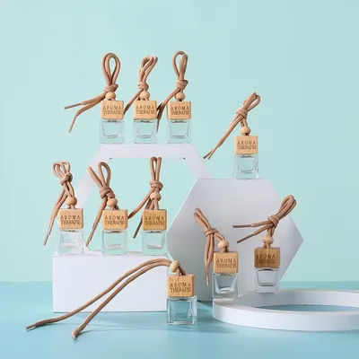 5/10 Pcs10ml Square Wooden Cap Essential Oils Clear Glass Car Hanging Diffuser Perfume Bottles With Free Funnel,Dropper
