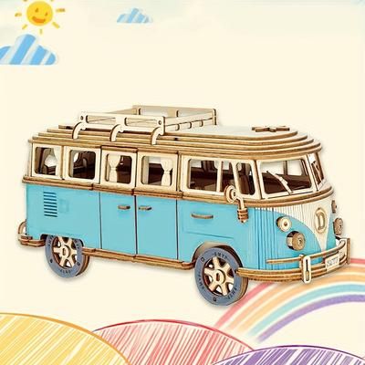 TEMU Blue And Red Wooden Puzzle Camping Car, Wooden Car Model, Assembled 3d - Toys, Educational Toys, Car Series , Christmas Gift