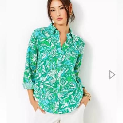 Lilly Pulitzer Tops | Lilly Pulitzer New Sea View Button Down Linen Shirt Size Medium | Color: Green | Size: M