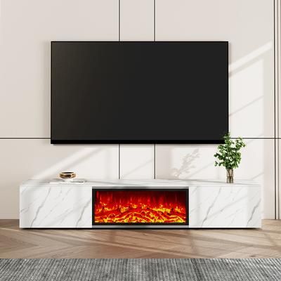 Modern Light Luxury Electric Fireplace TV Stand with LED Flame Effects, Adjustable in Multiple Colors, with 2 Drawers, Matte Sintered Stone, White, 78.74"