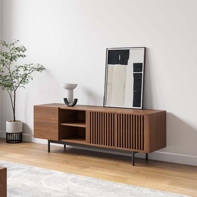 Mid-Century Modern TV Stand, Louvered Wood Entertainment Center with Slatted Doors, Open Storage,62.99"