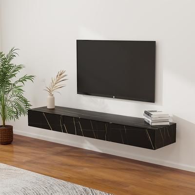 Modern Wall-Mounted TV Stand, Black Floating TV Cabinet with Drawers Matte Sintered Stone, Storage, Flip-down Door, Wall Hung,70.87"