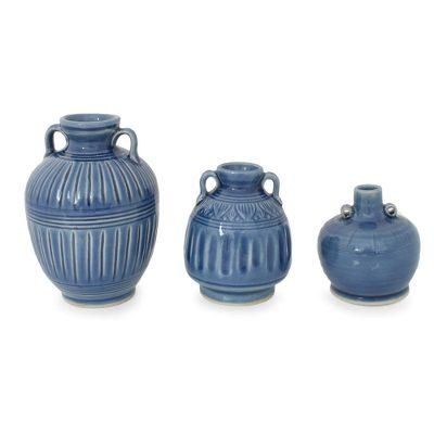 'Sawankhalok Sky' (set of 3) - Celadon Ceramic Blue Vases