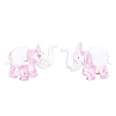 'Pair of Pink-Toned Handblown Glass Elephant Figurines'