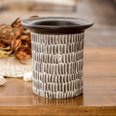 Art and Elegance in Black,'Guatemalan Handcrafted Textured Ivory and Black Ceramic Vase'