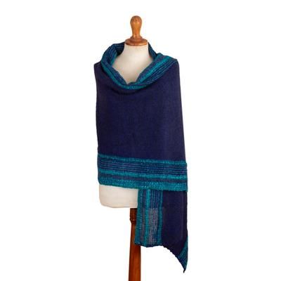 Impressive Stripes,'Knit Baby Alpaca Blend Striped Shawl in Blue and Cyan'