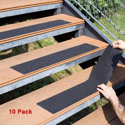 "TEMU 10pcs Heavy Duty Non-slip Outdoor Stair Treads, Black Pre-cut 80 Grit Rubber Grip Tape For Stairs, Skateboards, And Decks - 4"x30" Traction Adhesive Step Strips"