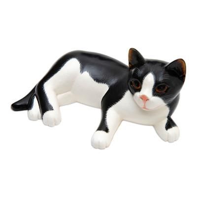 Wood sculpture, 'Spotted Kitten'