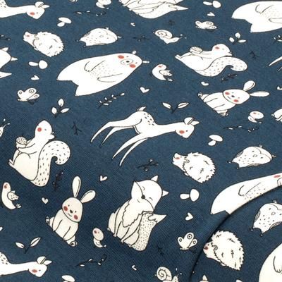 Tissu jersey de coton "animaux de la forêt" avec élasthanne, bleu marine/coloré