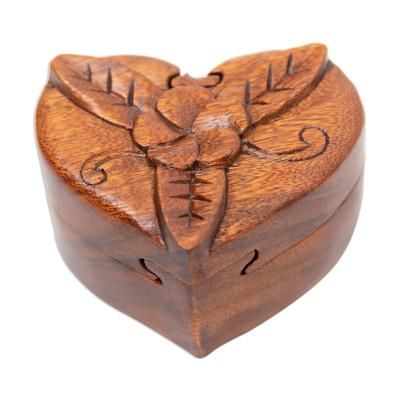 'Hand-Carved Floral Brown Suar Wood Puzzle Box from Bali'