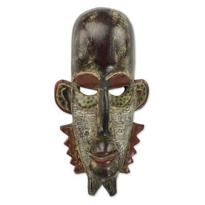 Wambi Beckons,'Sese Wood and Embossed Aluminum African Mask from Ghana'