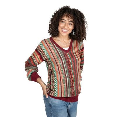 Earthy Threads in Red,'Knit Baby Alpaca Blend Pullover Sweater with Red Hem & Cuffs'