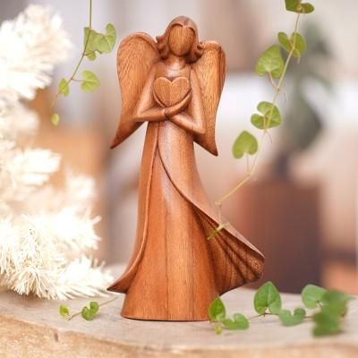 'Angel and Heart-Themed Suar Wood Sculpture from Bali'