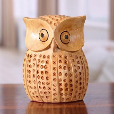 King of the Night,'Kadam Wood Sculpture of an Owl Adorned with Dot Accents'