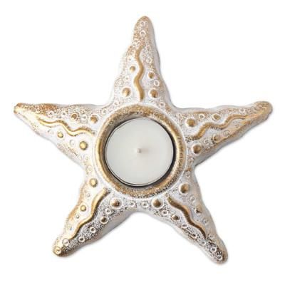 Starfish Serenade,'Gold Whitewash Starfish Pair of Tealight Candle Holders'