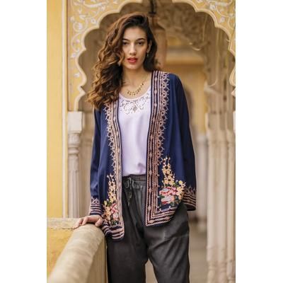 Mughal Garden in Sapphire,'Embroidered Floral Sapphire Jacket with Open Front'