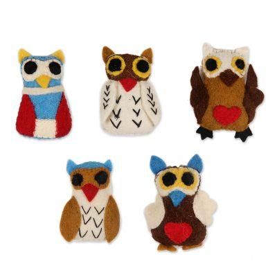 Happy Owls,'Colorful Wool Felt Owl Ornaments from India (Set of 5)'
