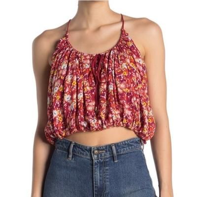 Free People Tops | Free People Red Floral V-Neck Front Tie Tank Xs | Color: Gold/Red | Size: Xs