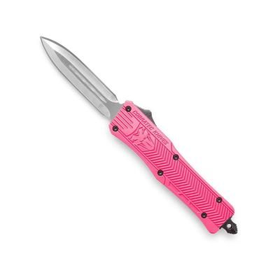 CobraTec Knives CTK-1 Small Automatic Folding Knife w/Glass Breaker 2.75in D2 Steel Blade Dagger Plain Blade Pink Aluminum Handle SPKCTK1SDAGNS