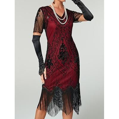 Anni Ruggenti Anni 1920 Lunghezza al ginocchio Vestito Abito Flapper Abito da Ballo Maniche corte Il grande Gatsby Charleston Paillettes Frangia con nappe Scollo a V Costume Per donna Carnevale