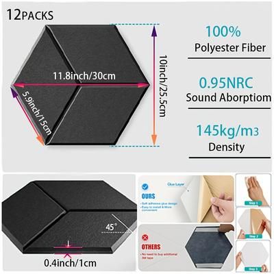 TEMU Y-type Sound Absorbing Board, 12-piece, Acoustic Panel, Black Fiber Sound Insulation Board, Sound Insulation Panel ( Hexagonal Side Length 5.9 Inch, 12-piece, Y-type Black )