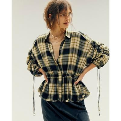 Free People Tops | Free People Pacifica Dawn Rouched Blouse Green Black Plaid Xs | Color: Black/Green | Size: Xs