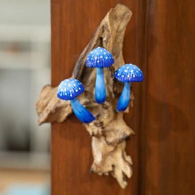 Enchanted Mushroom,'Hand-Painted Blue Mushroom-Themed Wood Wall Art'