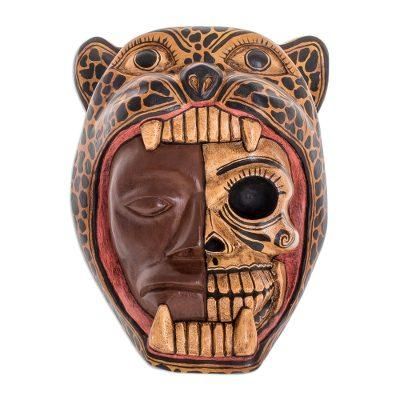 'Hand-Carved Wood Jaguar Warrior Mask from Guatemala'