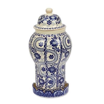 'Path to Puebla' - Authentic Mayolica Ceramic Vase and Lid from Mexico