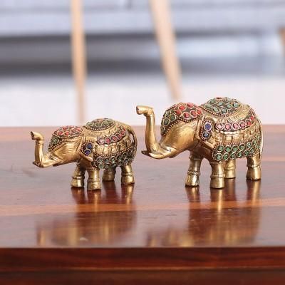 'Set of 2 Golden-Toned Brass Elephant Sculptures with Beads'