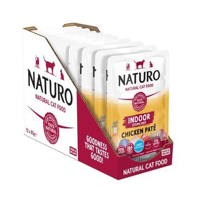 12x85g Sterilised Chicken Paté Pouches Naturo wet cat food