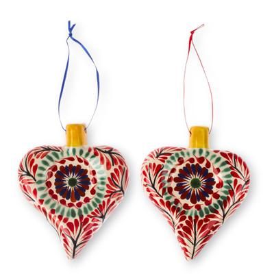 Majestic Heart,'Hand-Painted Heart-Shaped Ceramic Ornament Pair'