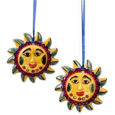 Fantastic Suns,'Artisan Crafted Ceramic Sun Ornament Pair from Mexico'