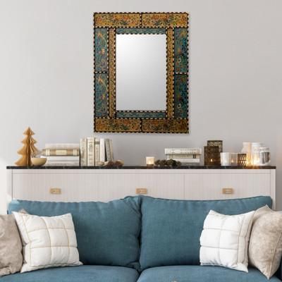 Golden Blue Elegance,'Reverse Painted Glass and Wood Framed Wall Mirror from Peru'