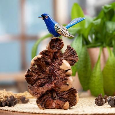 Celestial Bird,'Natural Benalu and Jempinis Wood Blue Bird Sculpture'