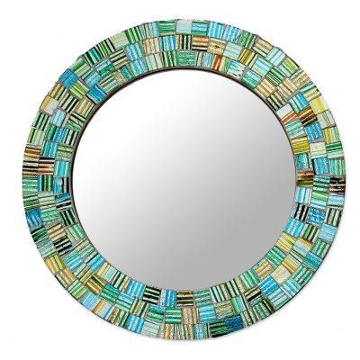 Aqua Trellis,'Artisan Crafted Round Glass Mosaic Mirror in Aqua'