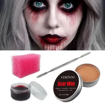 2/4/5PCS SFX Makeup Set Special Effect Halloween Party Wound Scar Wax Makeup with Spatula Sponge to Create a Blood Splash Shape