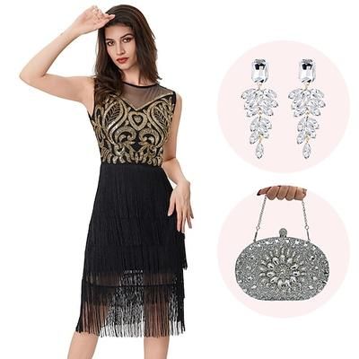 Anni Ruggenti Anni 1920 Lunghezza al ginocchio Abito Flapper Abiti Senza maniche Il grande Gatsby Invitato al matrimonio Paillettes Frangia con nappe Scollo Tondo Costume Per donna Natale Carnevale
