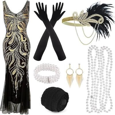 Anni Ruggenti Anni 1920 Lunghezza alla caviglia Vestito Abito da sera Abiti Senza maniche Il grande Gatsby Charleston Invitato al matrimonio Paillettes Piuma Scollo a V Costume Per donna Capodanno