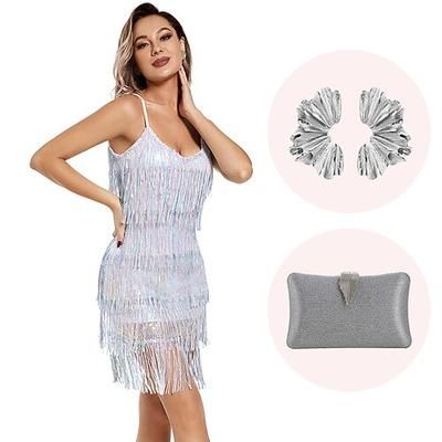 Anni Ruggenti Anni 1920 Mini Abito Flapper Abiti Senza maniche Il grande Gatsby Invitato al matrimonio Frangia con nappe Scollo a V Costume Per donna Natale Carnevale Mascherata Festa serale