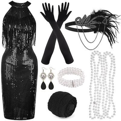 Anni Ruggenti Anni 1920 Lunghezza al ginocchio Vestito Abito Flapper Abiti Senza maniche Il grande Gatsby Charleston Invitato al matrimonio Paillettes Frangia con nappe Piuma All'americana Costume