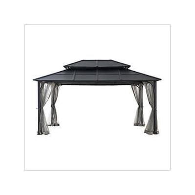 Sunjoy Group 12 x 16 Steel Gazebo with 2-Tier Roof Hardtop Gazebo with Ceiling Hook and Netting