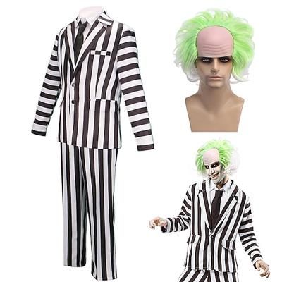 abiti di abiti di beetlejuice amp; blazer a righe da uomo per halloween, carnevale, feste per adulti, con parrucche in costume