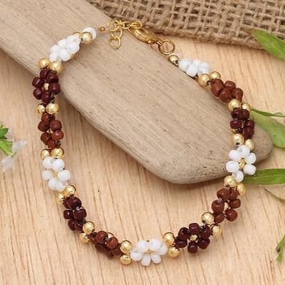 'Floral Gold-Plated White and Brown Crystal Beaded Bracelet'